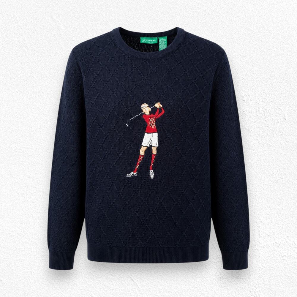 Vintage 1990s LizGolf Navy Embroidered Golfer Cotton Argyle Sweater Size Medium